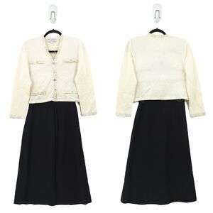 St John Evening Women 4 Santana Blazer Jacket Midi Skirt Cream White Black FLAW